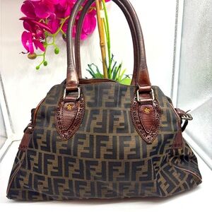 Fendi Zucca Pattern Etnico Mamma Bucket Handbag Brown Logo Canvas Leather Used